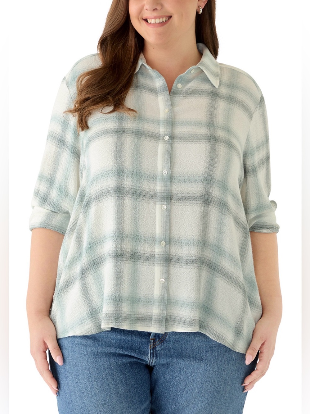 PHILOSOPHY BY REPUBLIC Mint & White Plaid Button-Down Roll-Sleeve Blouse.